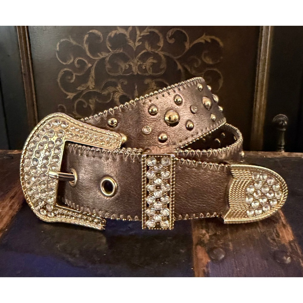 Kathy Van Zeeland Womens Small Belt Bronze Faux Leather Rhinestone Western Y2K